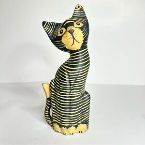 Vintage Carved Wood Cat Figurine Folk Art 9.5”